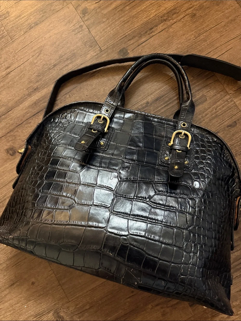 Franklin Covey Black Genuine Leather Croc-Embossed Shoulderbag/Satchel